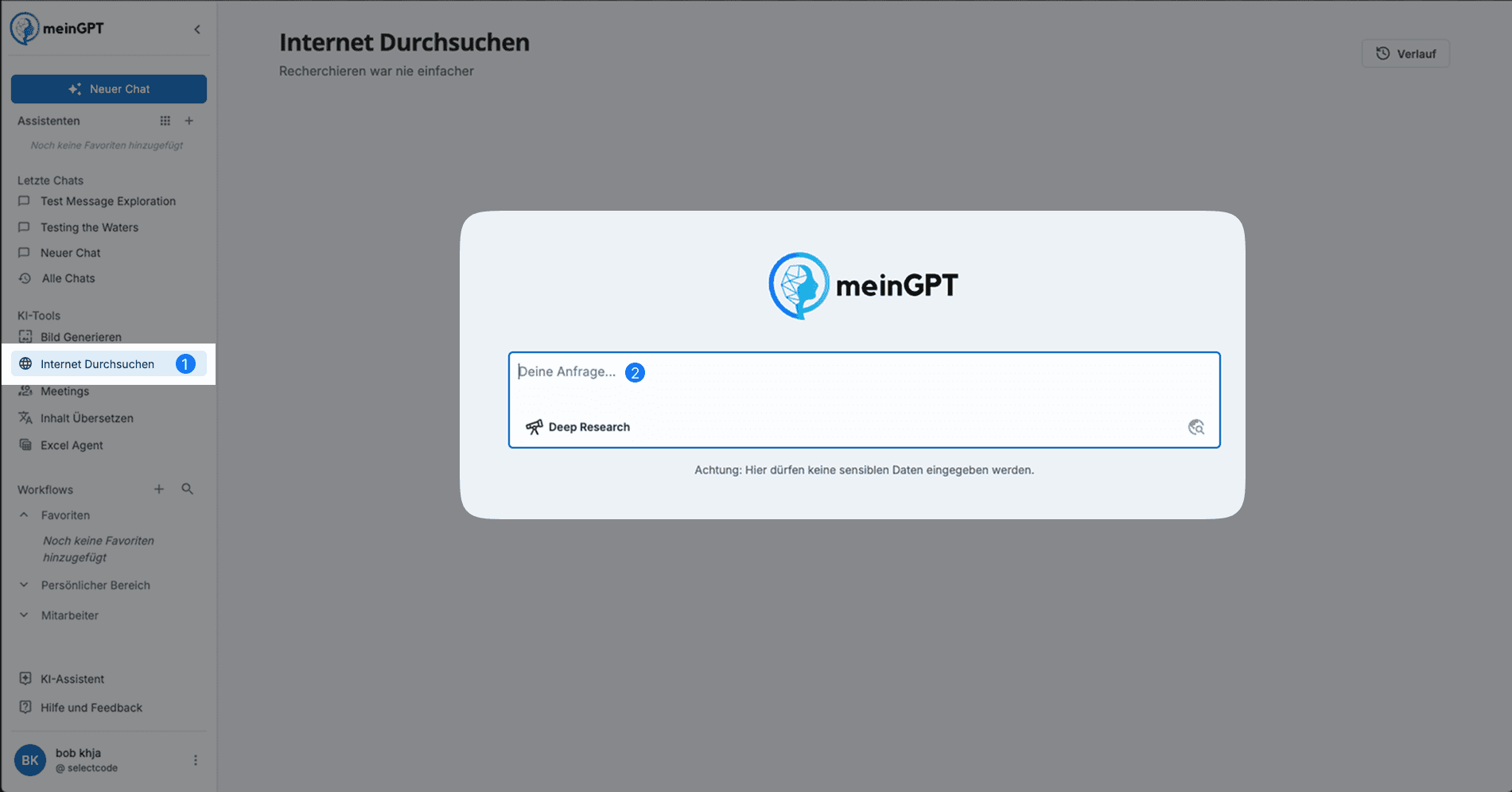 Screenshot der Benutzeroberfläche des Internet Durchsuchen-Tools auf der meinGPT-Plattform, mit Eingabefeld und Beta-Option